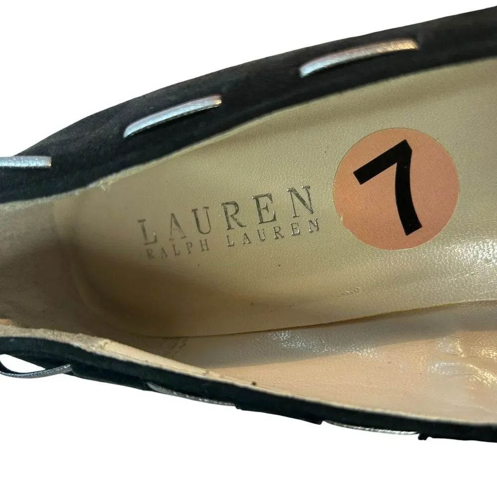 Lauren Ralph Lauren Black Suede Espadrille Wedge Size 7B Cambree Silver Metallic